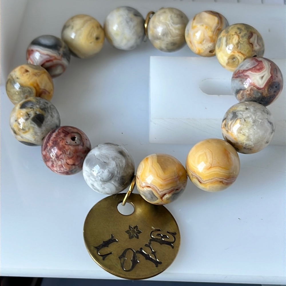 Stretch Picture Jasper bead bracelet brass Love disc